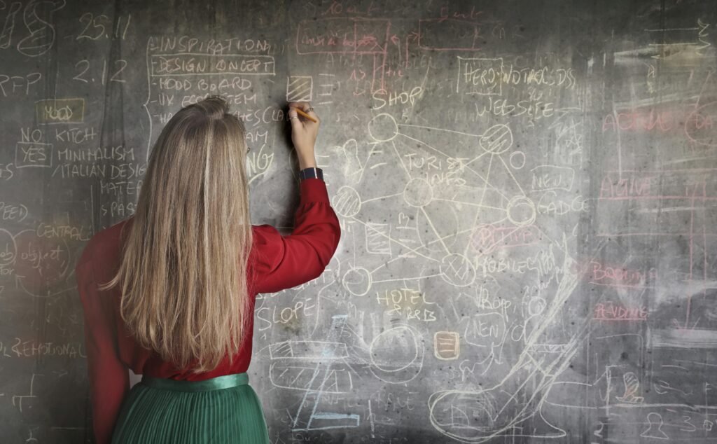 A woman writing and planning on a chalkboard, showcasing creative strategies and concepts.